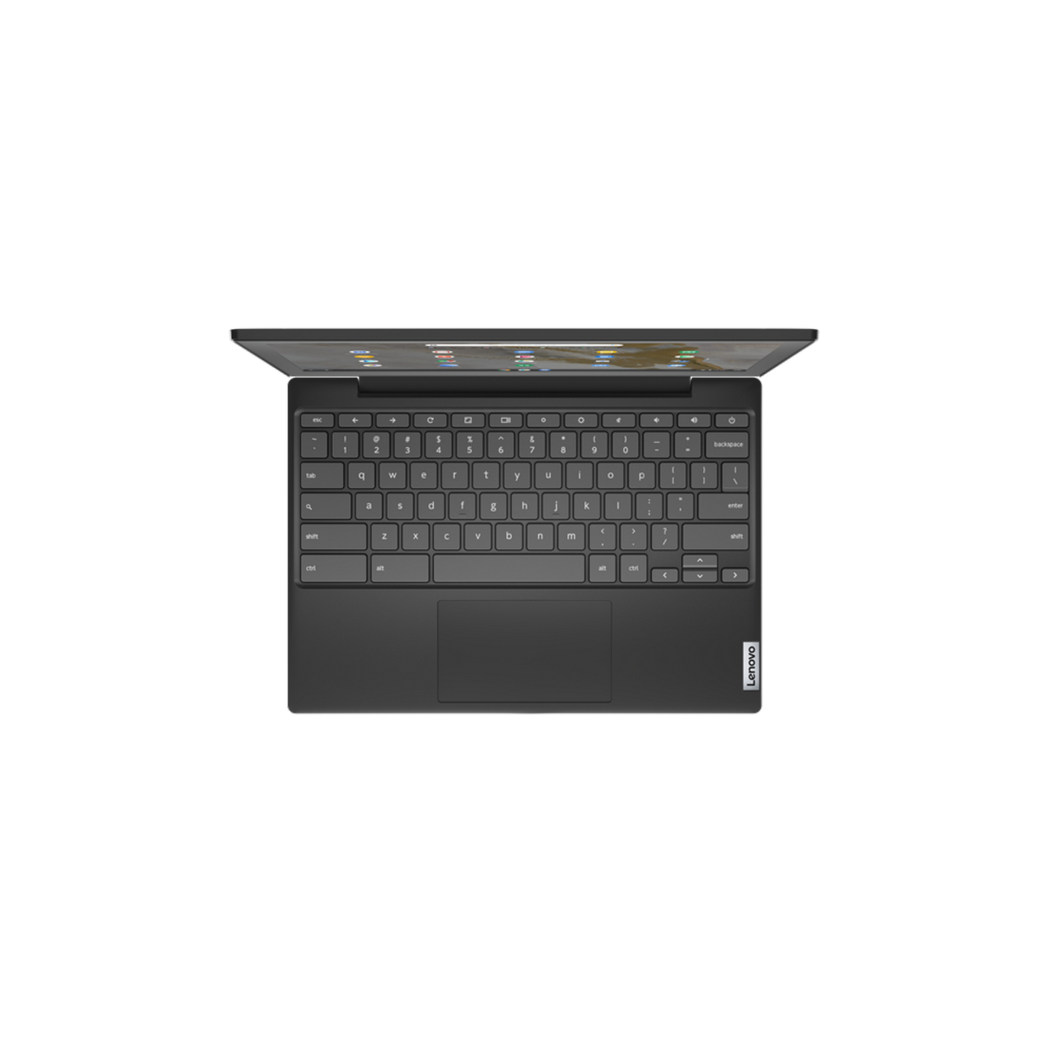 Ordenador portátil con teclado negro. La pantalla está encendida. Un logotipo de Lenovo está en la parte inferior derecha.