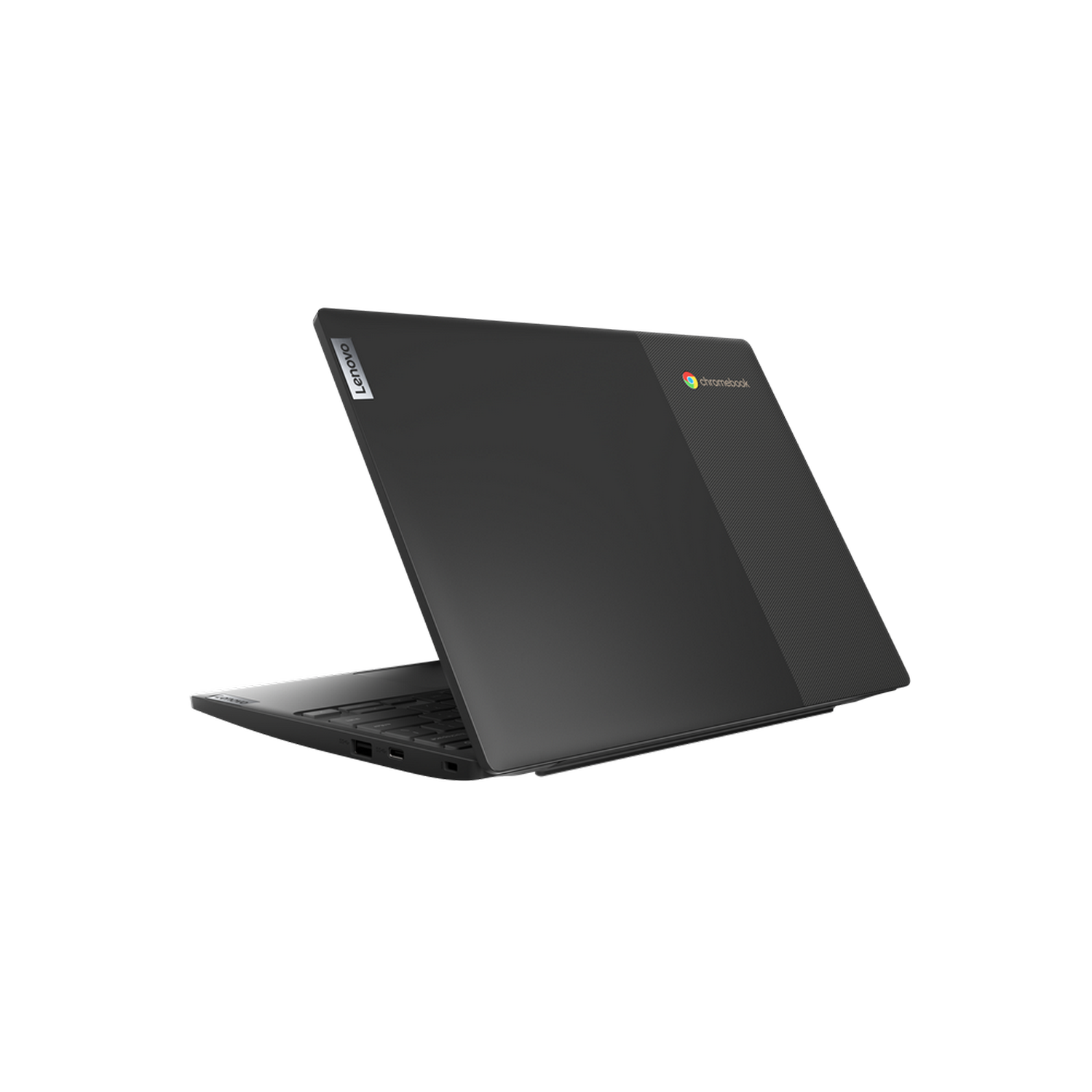 Portátil Lenovo Chromebook negro, parcialmente abierto, mostrando teclado y pantalla.