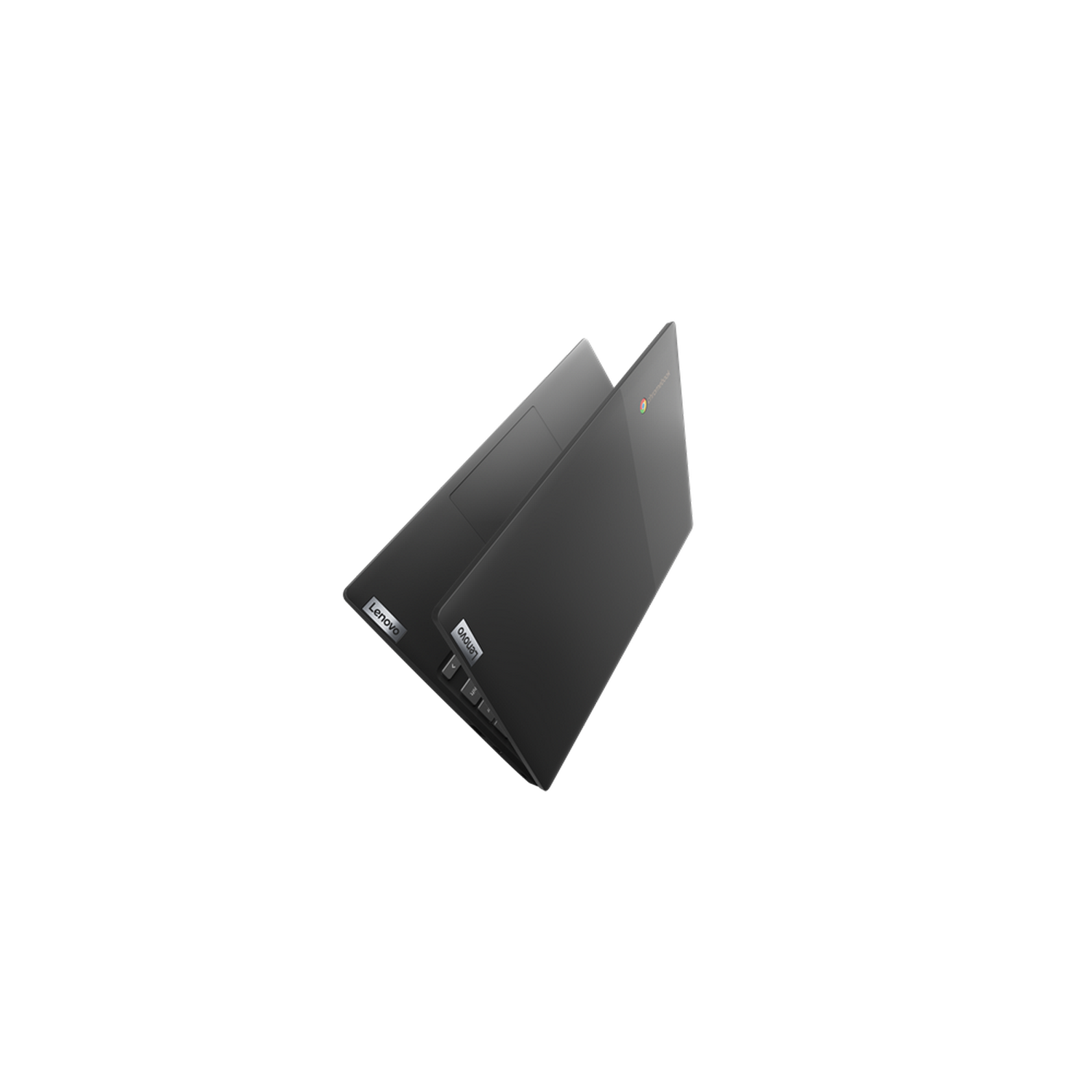 Ordenador portátil negro con los logotipos de Lenovo y Chrome, abierto sobre un fondo negro.