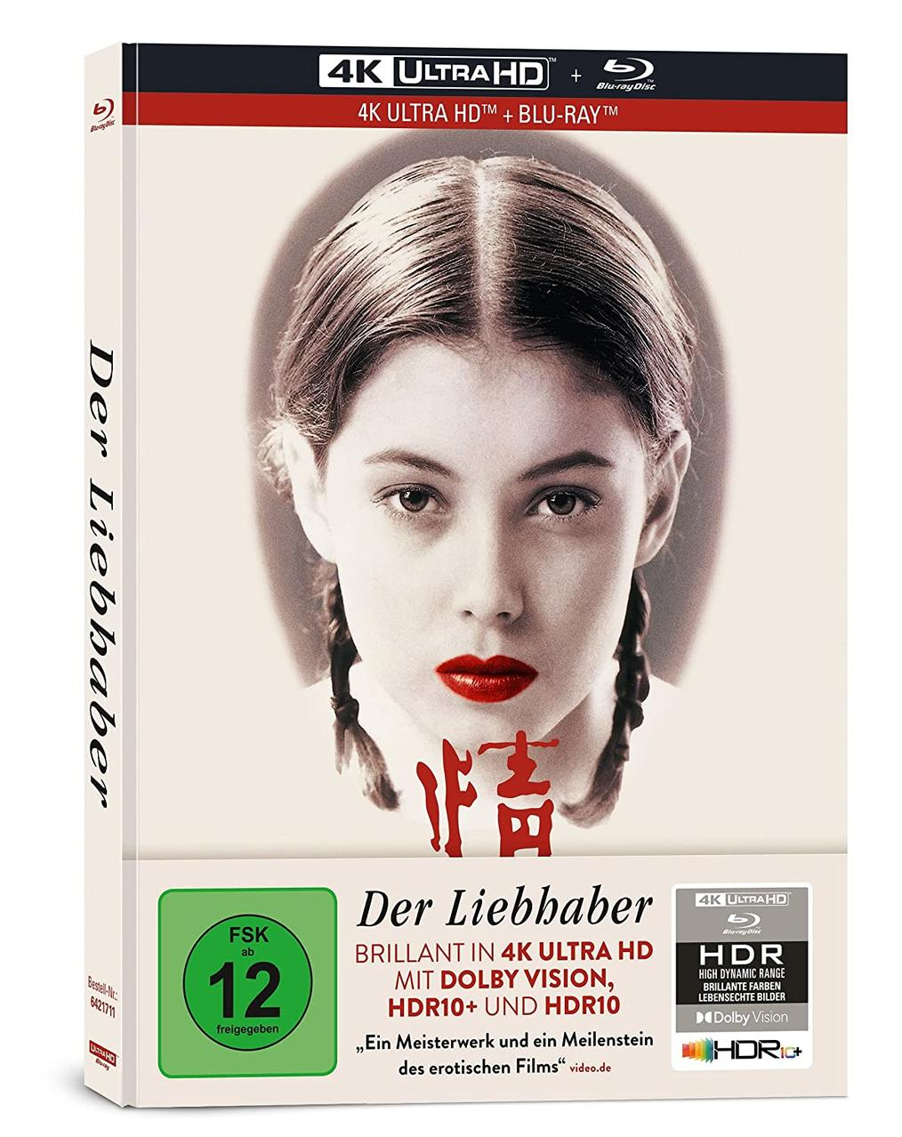 DVD-Hülle für den Film 'Der Liebhaber'. Bild einer Frau mit roten Lippen. Text auf Deutsch und grünes Rating-Abzeichen.