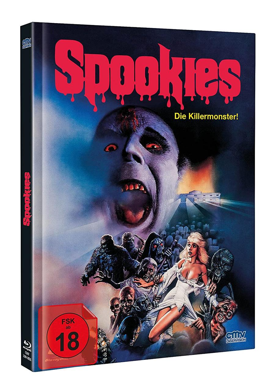 DVD-Box für den Film "Spookies". Es zeigt ein Horrorfilm-Poster mit einem Monster und einer Frau.
