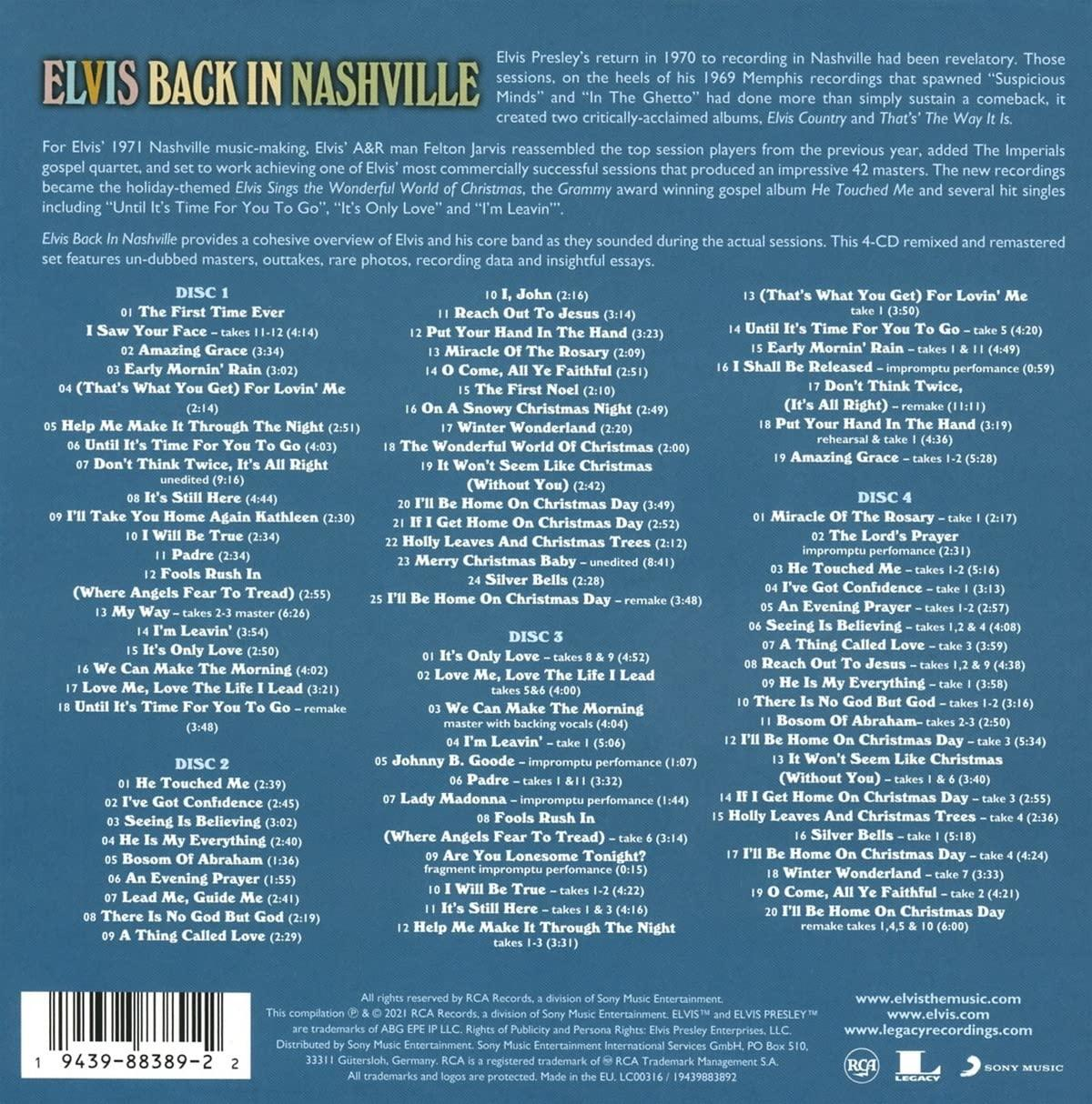 Albumcover von Elvis Presleys 'Elvis in Nashville' mit Titelliste und Text.