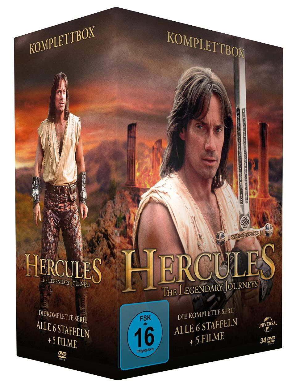 Eine DVD-Box-Set von Hercules mit dem Schauspieler auf dem Cover, vor einem feurigen Hintergrund.