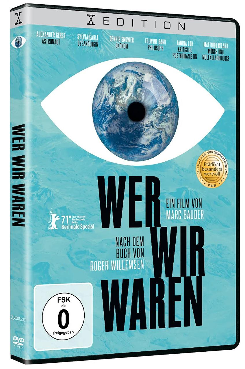 DVD-Hülle für den Film 'Wer Wir Waren'. Blau und weiß mit einem Auge und einem Bild der Erde.