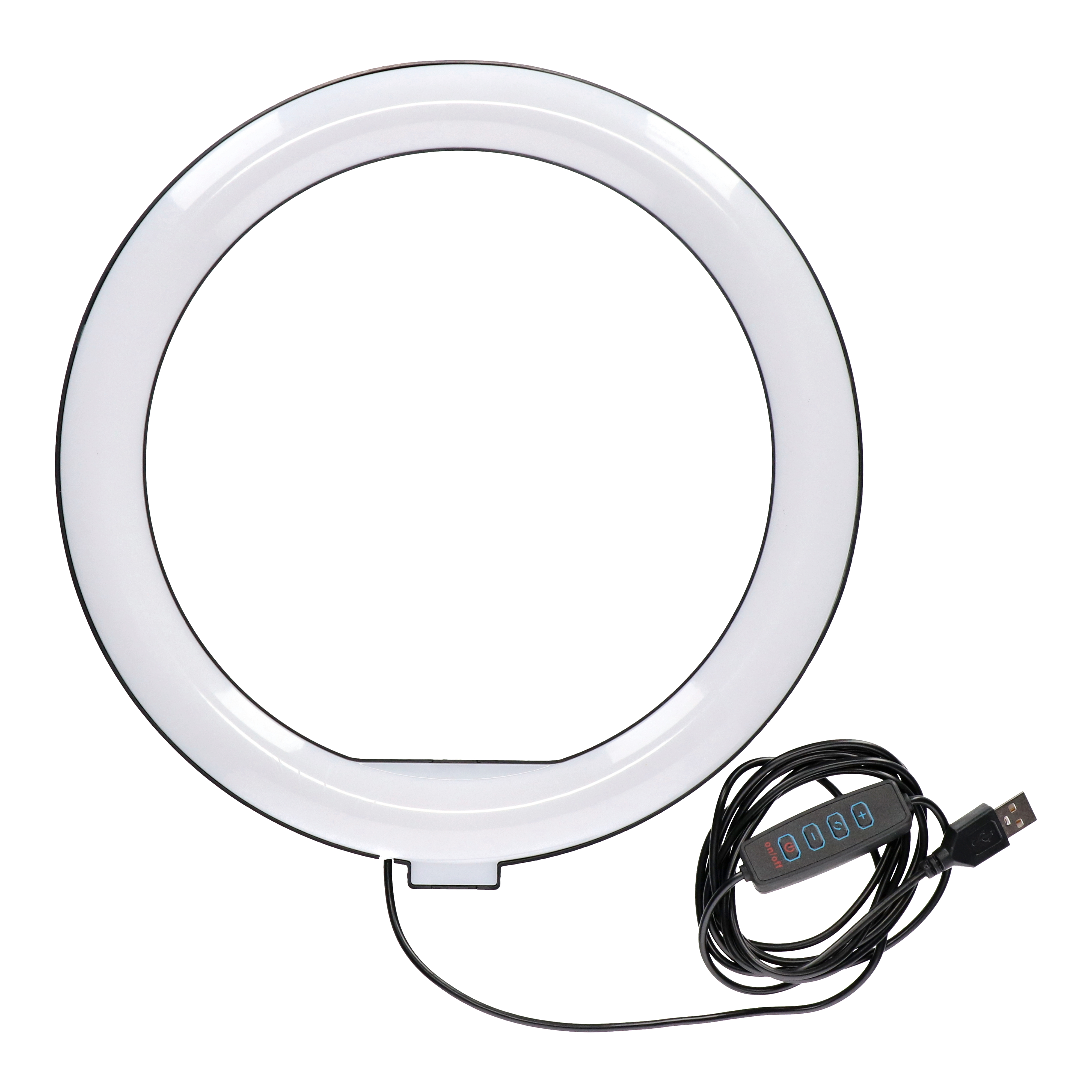 Ein Ringlicht mit USB-Kabel. Es ist weiß mit Bedienelementen am Kabel.