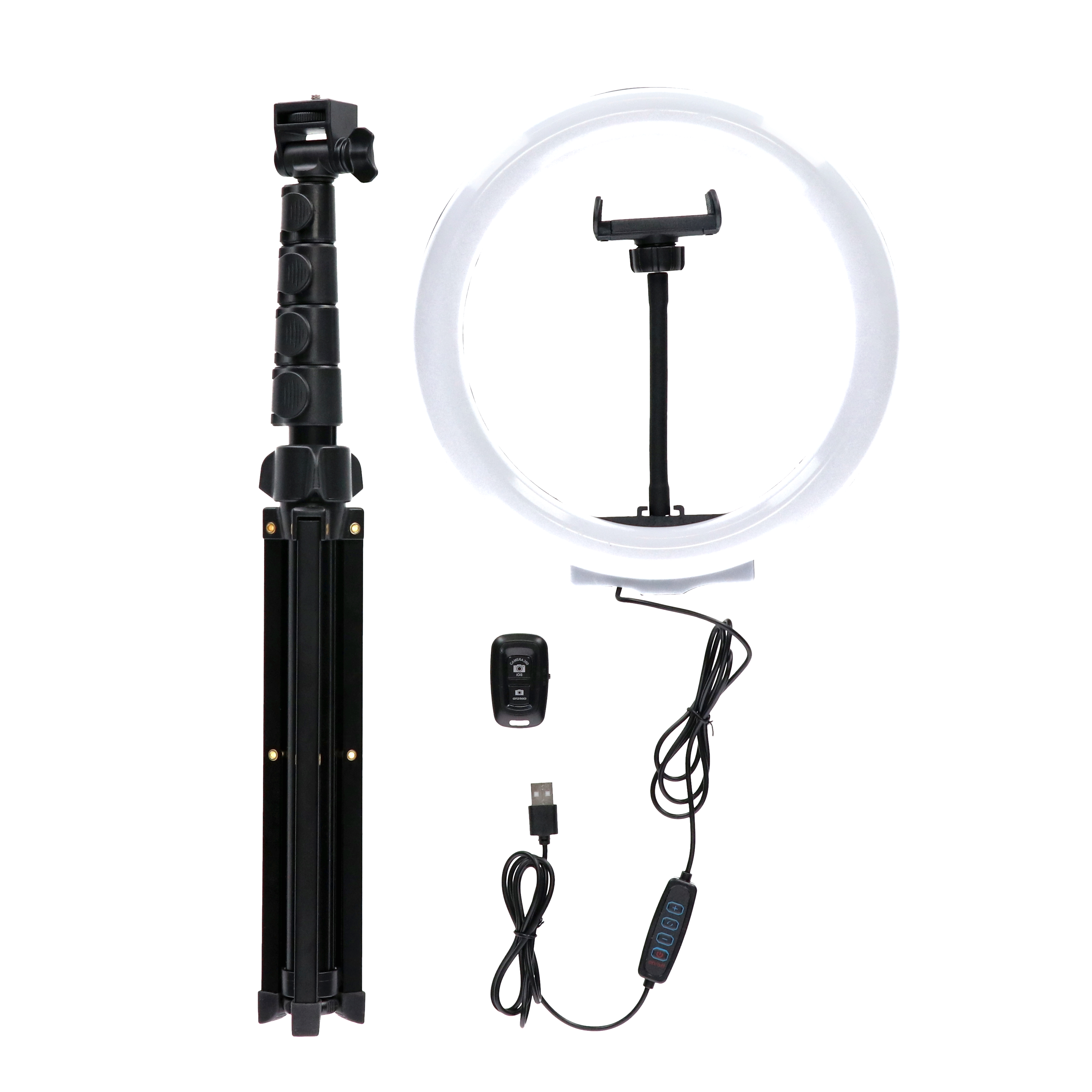 Ringlicht-Setup mit Stativ, Telefonhalter und Fernbedienung.