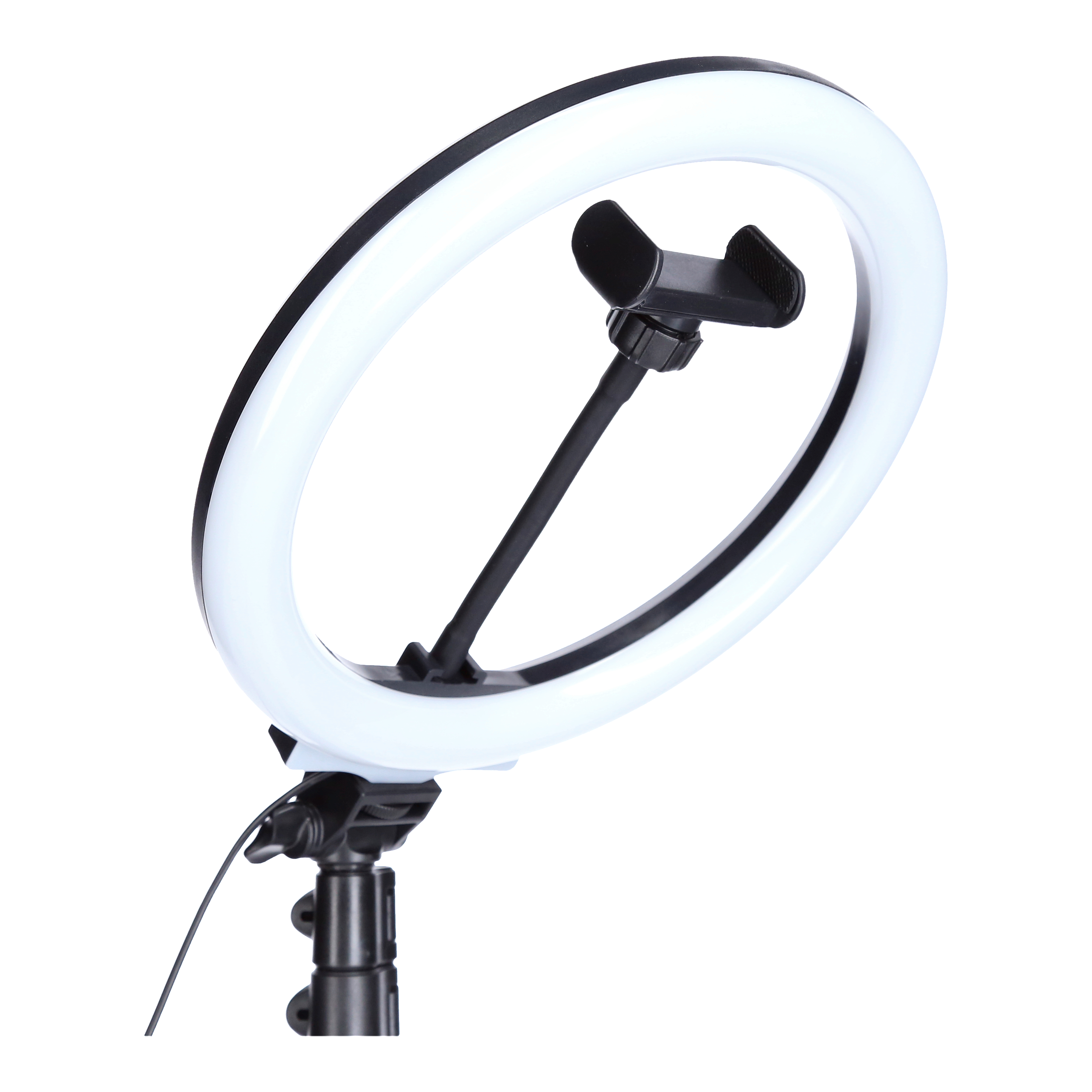 Ein schwarzes Ringlicht mit Smartphone-Halterung. Das Licht steht auf einem schwarzen Stativ.