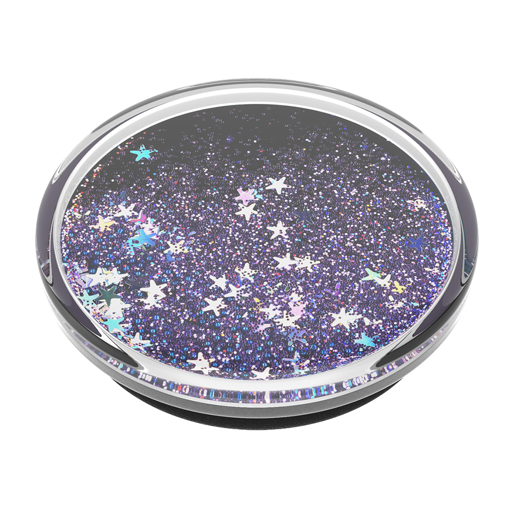 PopSocket mit Glitzer in einem transparenten Gehäuse. Sterne und Glitzer schweben.