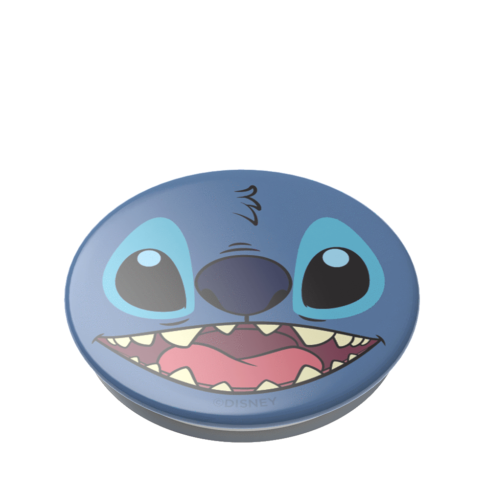 Stitch-Gesicht auf einem blauen runden Behälter. Lächelnd mit offenem Mund und großen Augen.