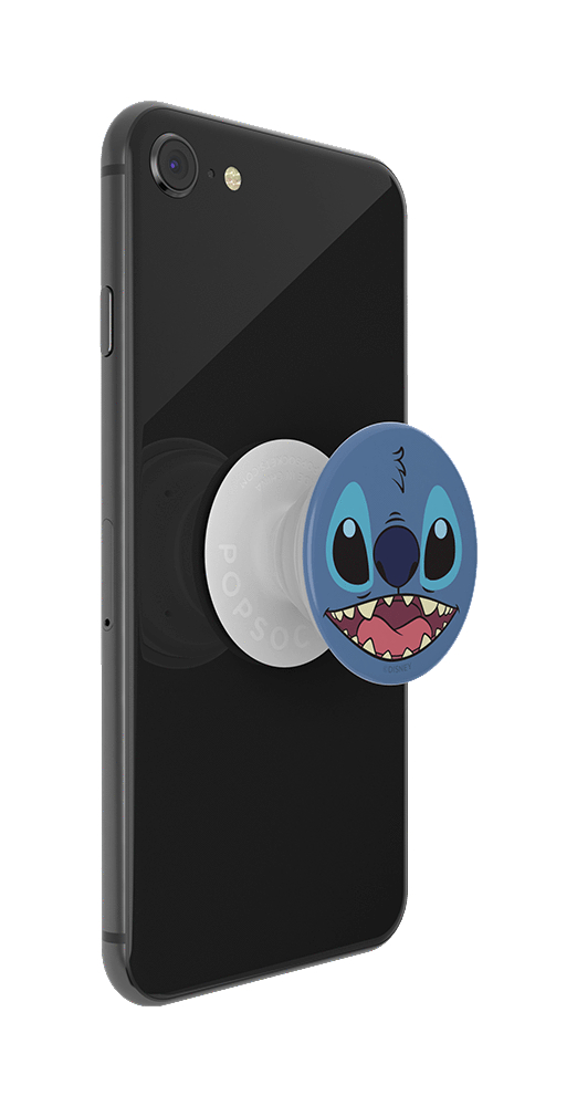 Schwarzes Telefon mit Stitch PopSocket. Stitch ist blau mit breitem Lächeln.