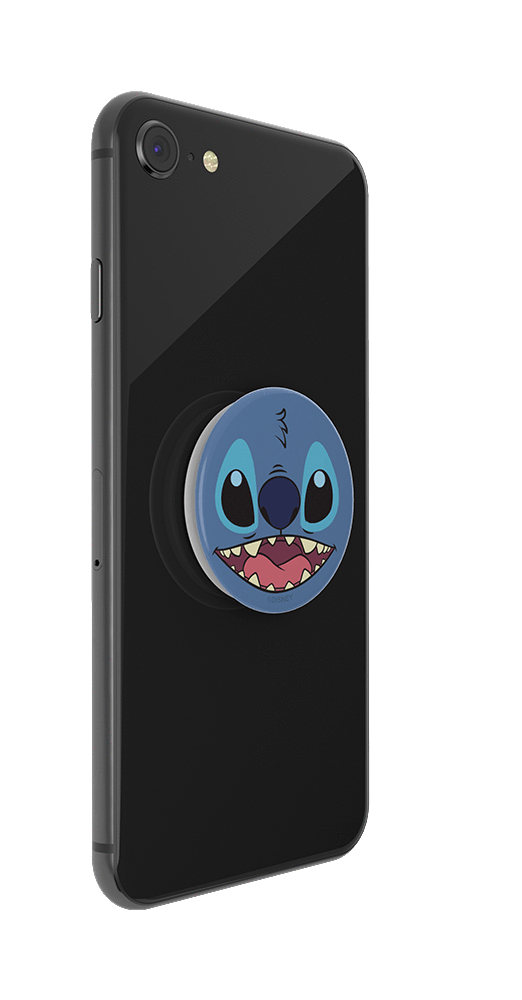 Ein schwarzes Telefon mit einem Stitch PopSocket. Stitch ist blau mit einem großen Lächeln.
