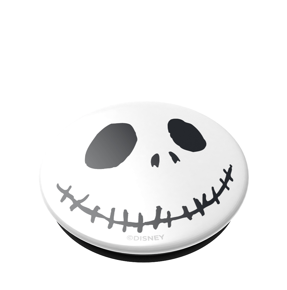 Weißer Kreis mit Jack Skellington-Gesicht: schwarze Augen, Nase, genähter Mund. Schwarzer Sockel, weißer Hintergrund. ©DISNEY.