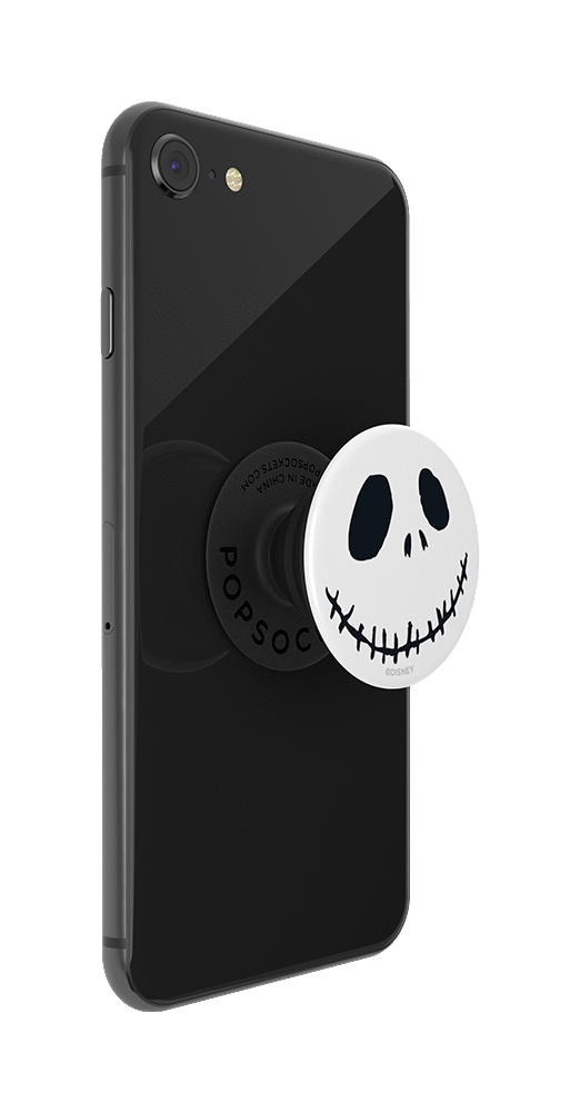 Schwarzes Telefon mit Jack Skellington PopSocket. Weißer Hintergrund.