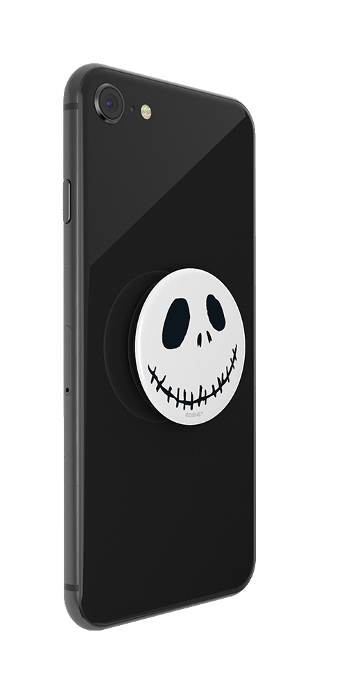 Schwarzes Telefon mit Jack Skellington PopSocket auf der Rückseite. Weißer Hintergrund.