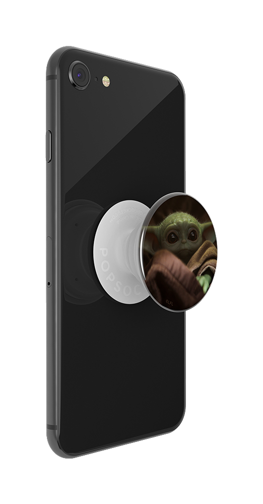 Ein Telefon mit einem Baby Yoda PopSocket, das das Gesicht der Figur zeigt.