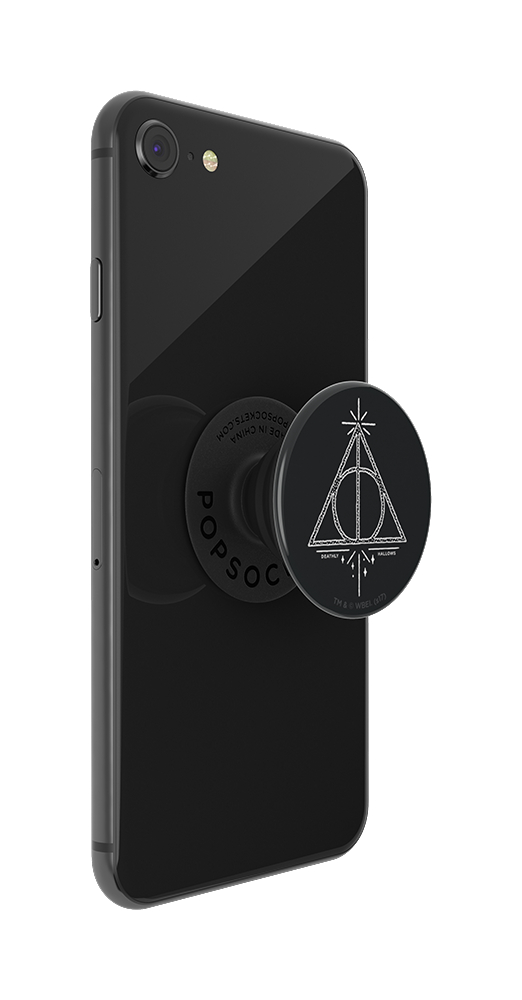 Ein schwarzes iPhone mit einem schwarzen PopSocket mit dem Symbol der Heiligtümer des Todes.
