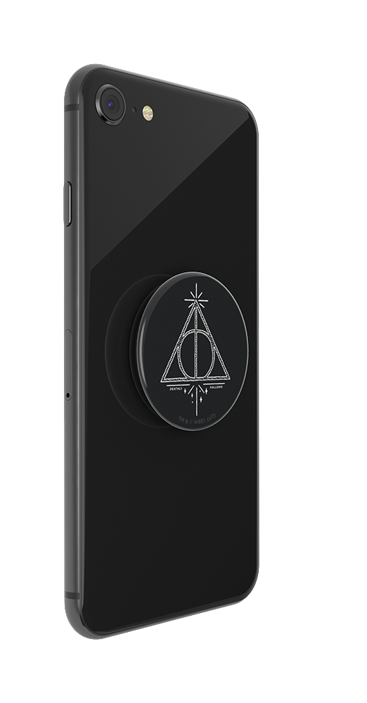 Schwarzes iPhone mit Handyhalterung. Die Halterung hat ein Harry-Potter-Design.