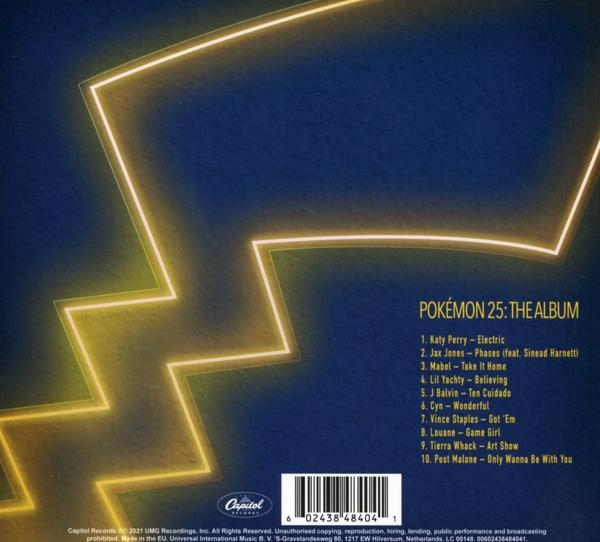 La pochette arrière d'un CD intitulé 'Pokémon 25: The Album' avec un design sur le thème de Pikachu.