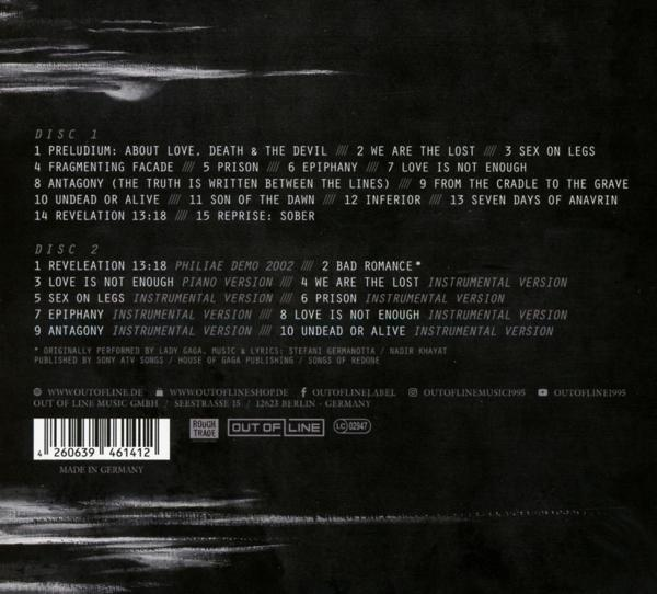 Die Rückseite einer CD mit der Titelliste, den Credits und Album-Informationen. Dunkler Hintergrund.