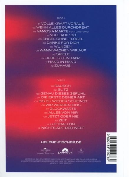 Die Rückseite einer CD mit einem rot-blauen Farbverlauf und Songtiteln.