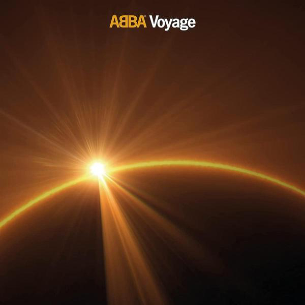 ABBA Voyage Albumcover, mit einem Sonnenaufgang über einem Planeten, in einem warmen Orange-Gelbton.