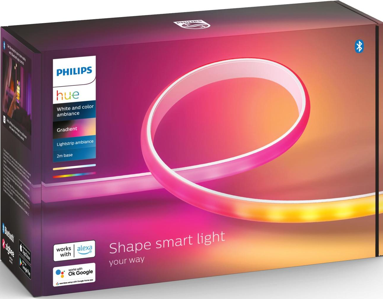 Scatola Philips Hue lightstrip, mostra una lightstrip che emette luce rosa, bianca e arancione.