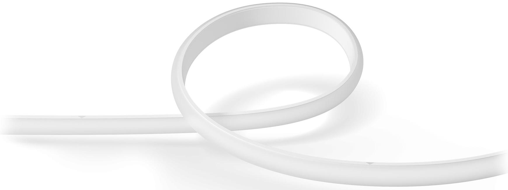Una striscia luminosa a LED bianca e flessibile avvolta su uno sfondo bianco.