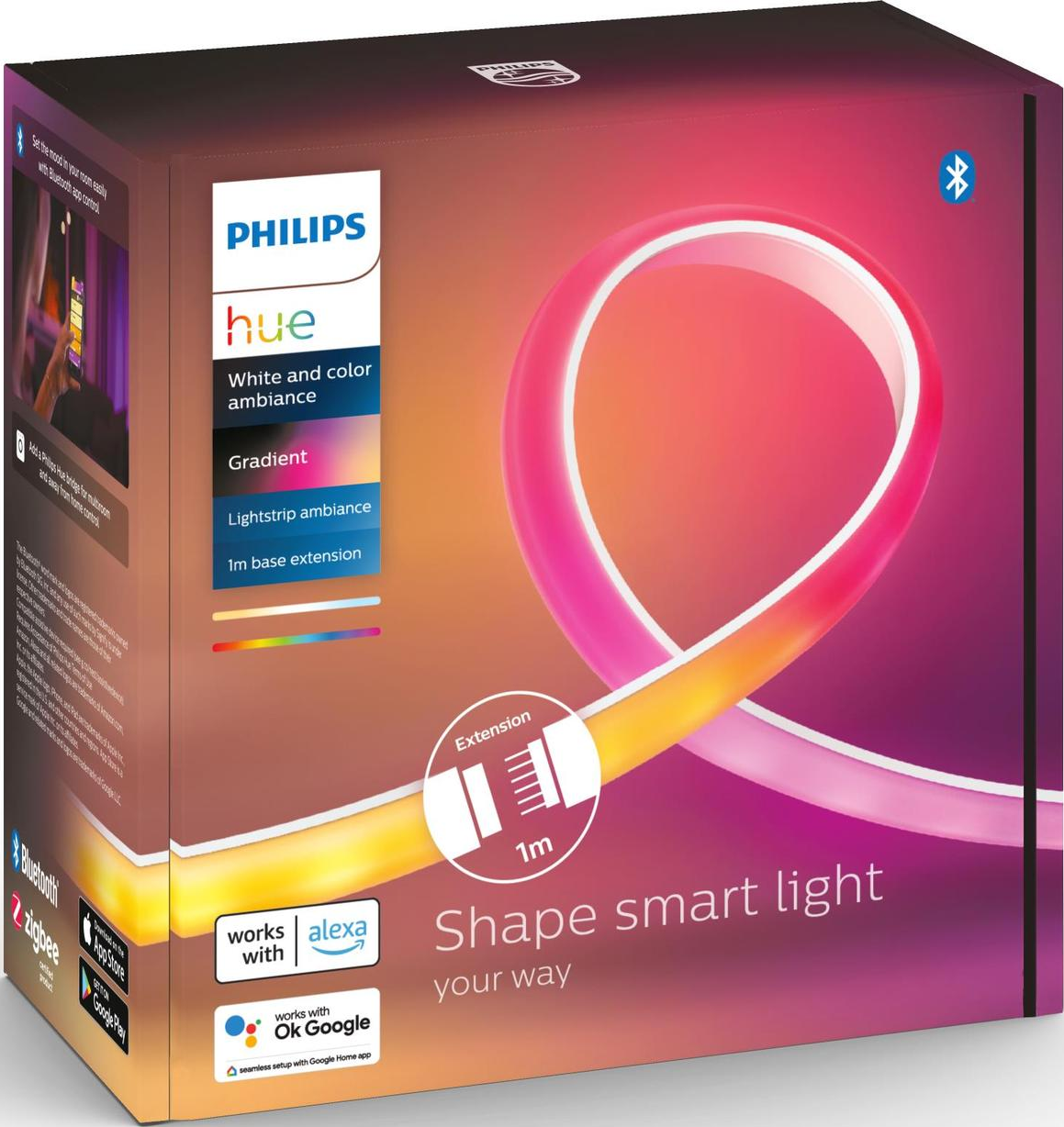 Una scatola di striscia luminosa Philips Hue. La scatola è rosa, gialla e bianca.