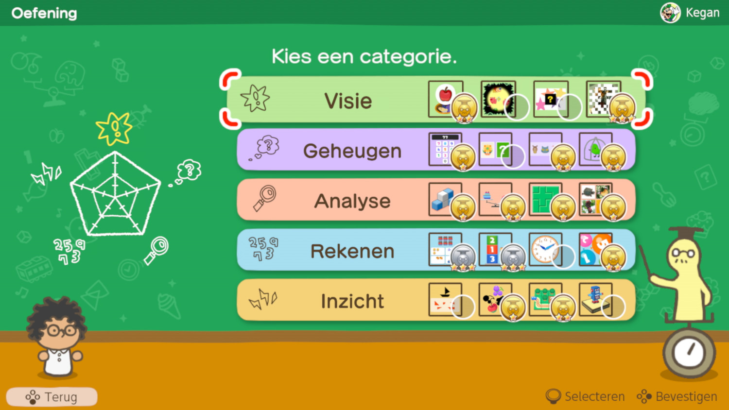 Een scherm met spelopties, cartoonstijl.