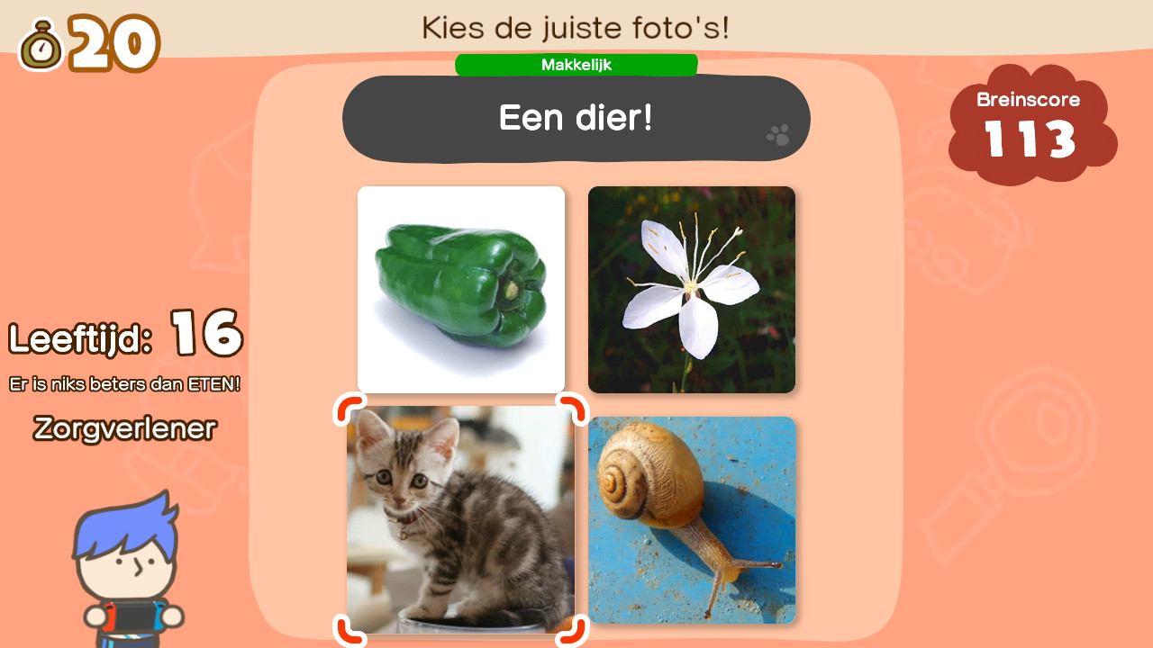 Spelinterface met dierenkeuze. Opties zijn peper, bloem, kat, slak.