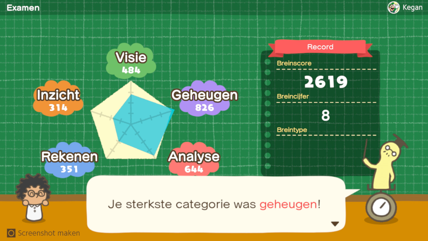 Een gamescherm met examenresultaten. Het toont een score en verschillende categorieën vaardigheden.