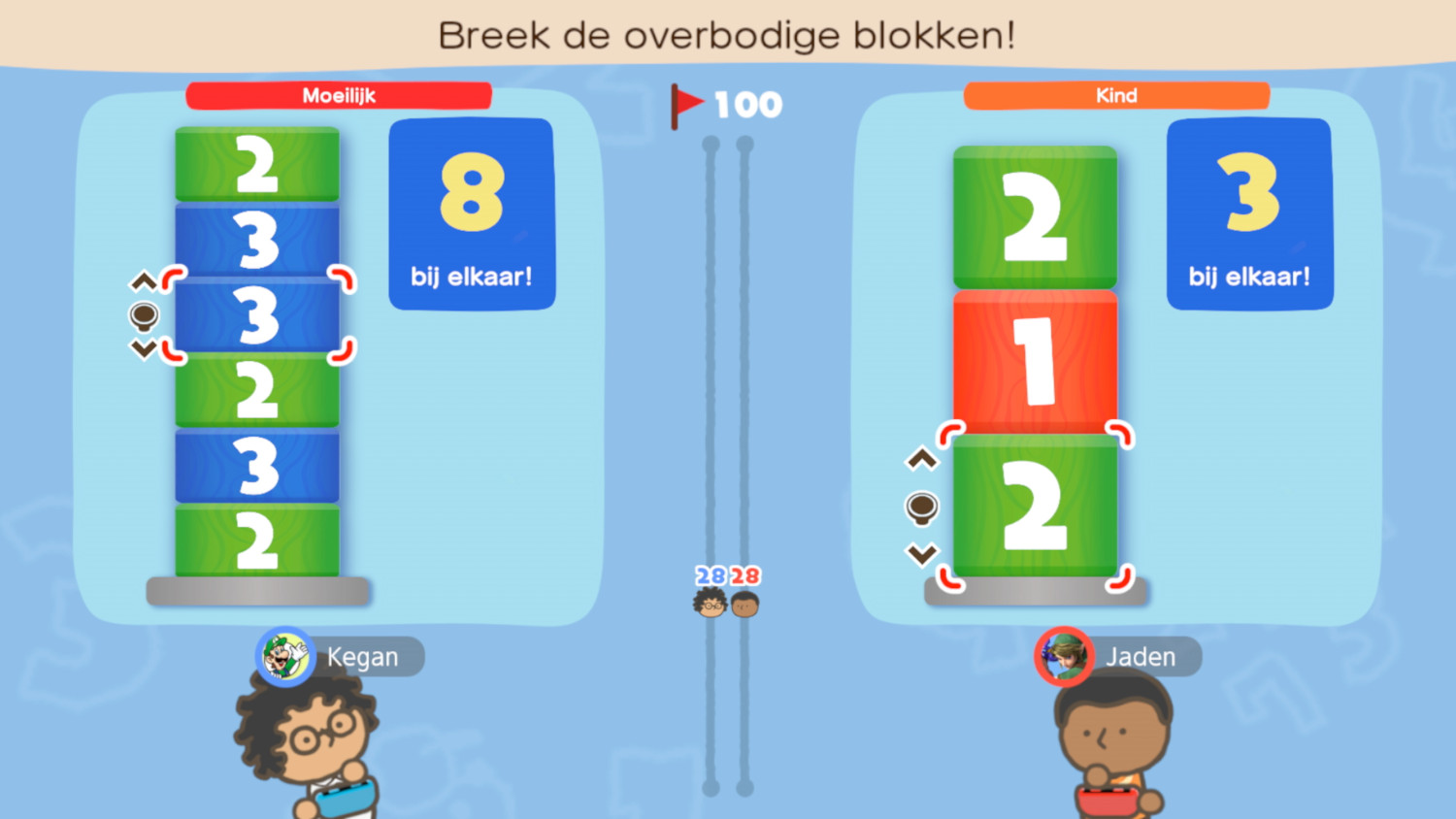 Een spelbeeld met gestapelde blokken. Twee spelers proberen blokken te stapelen om te winnen.