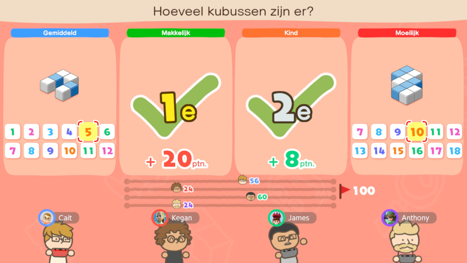 Een game-interface met scores en spelers, die een quiz over kubussen toont.