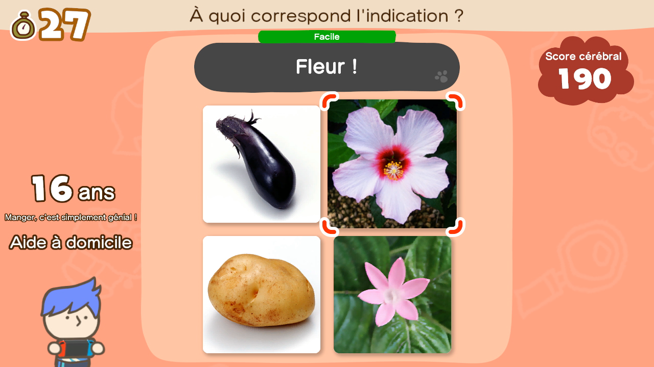 Een spelscherm met een aubergine, een bloem en een aardappel. Het juiste antwoord is de bloem.