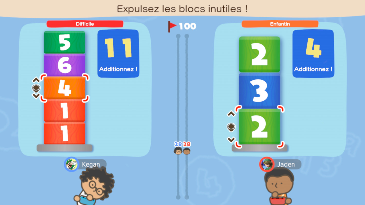 Schermafbeelding van een spelinterface met blokken en getalberekeningen, twee spelers.