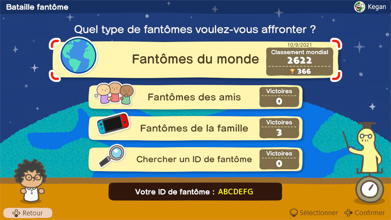 Game-interface met opties: Wereldgeesten, Vriendgeesten, Familiegeesten, en ID zoeken.