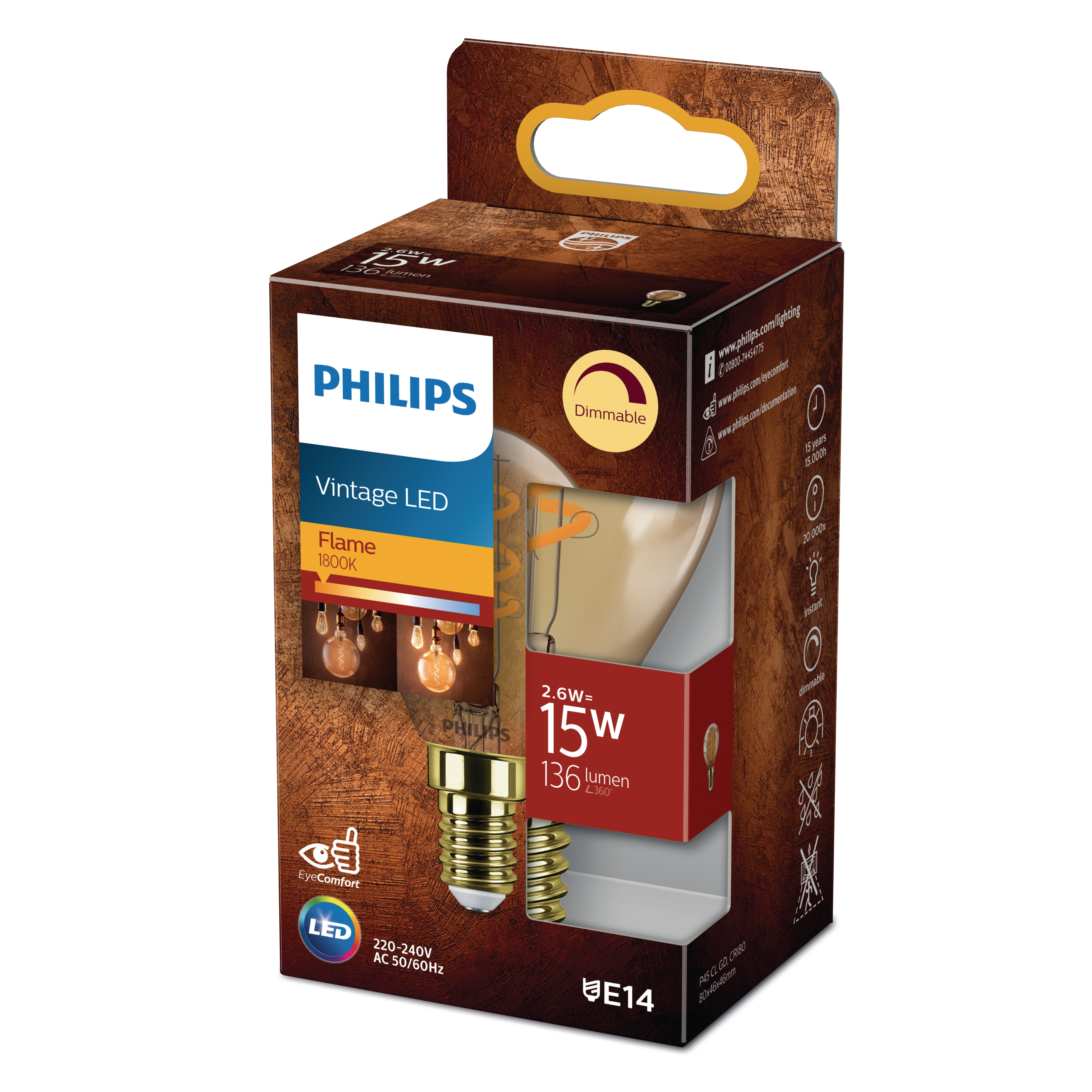 PHILIPS classic Vintage Tropfenlampe Lampe mit LED dimmbar E14 15W, Warmweiß Sockel