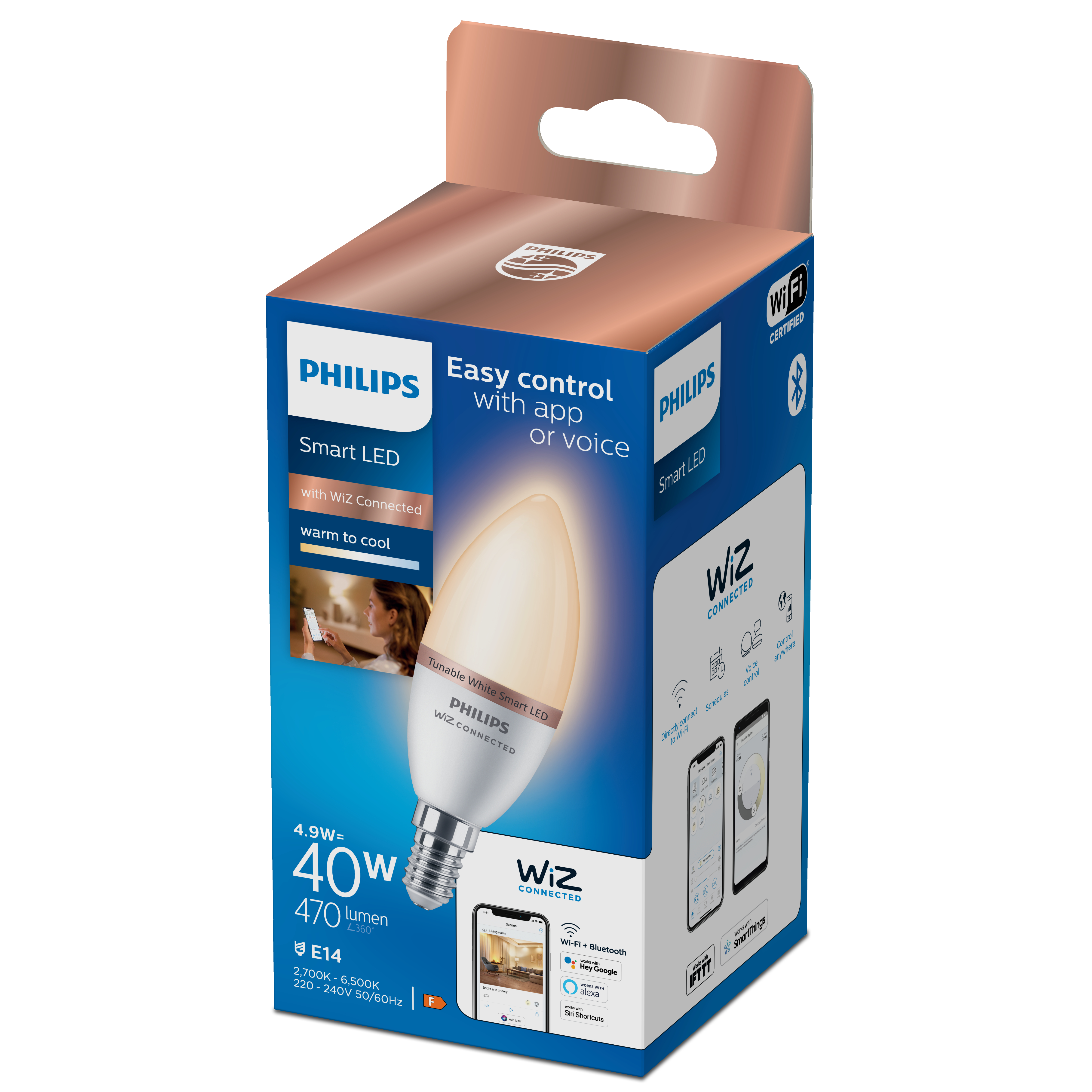Eine Box mit einer weißen Glühbirne. Es steht 'Philips' drauf. Es ist eine Smart-LED mit WiZ.