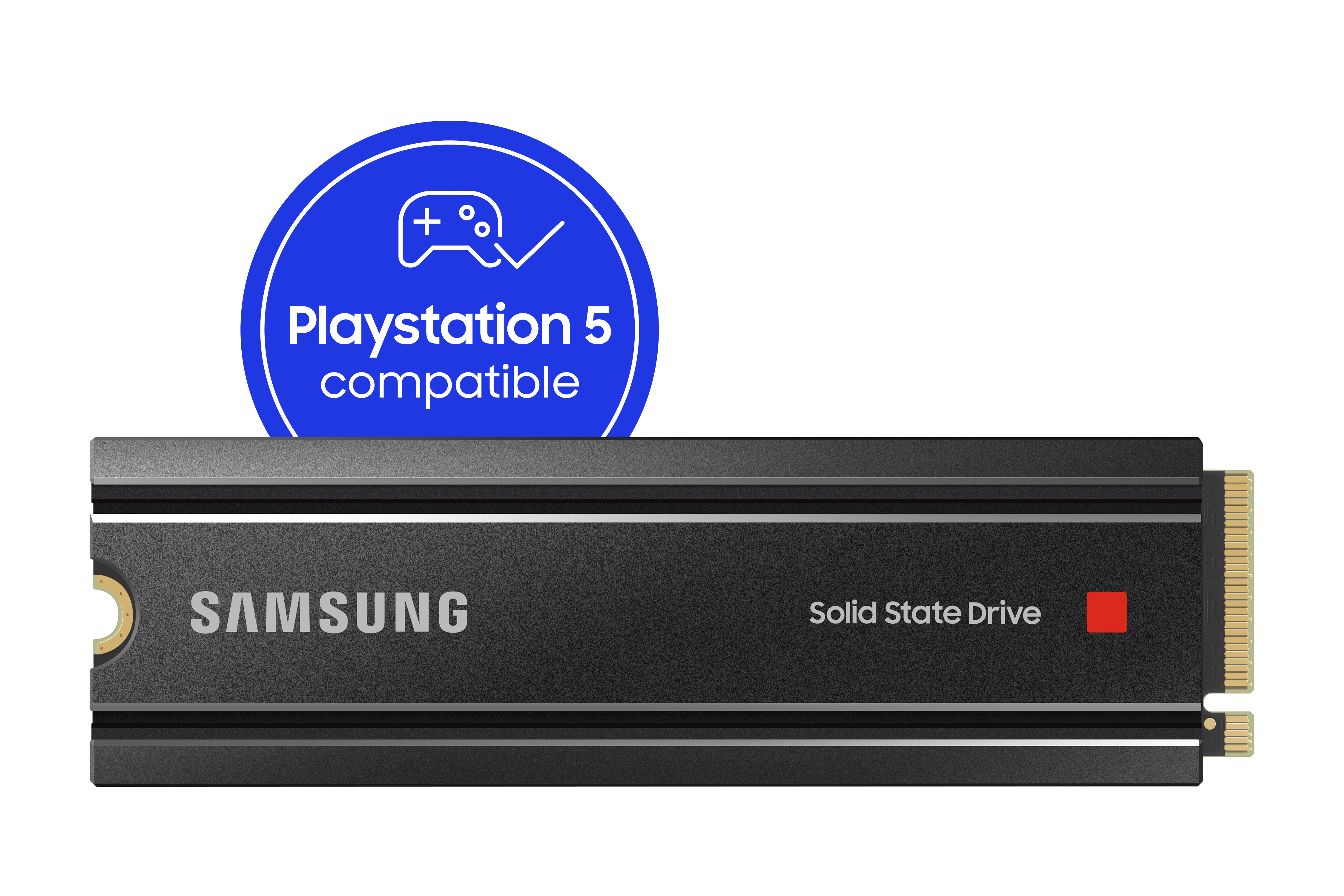 Zwarte Samsung Solid State Drive met een Playstation 5 compatibel logo.