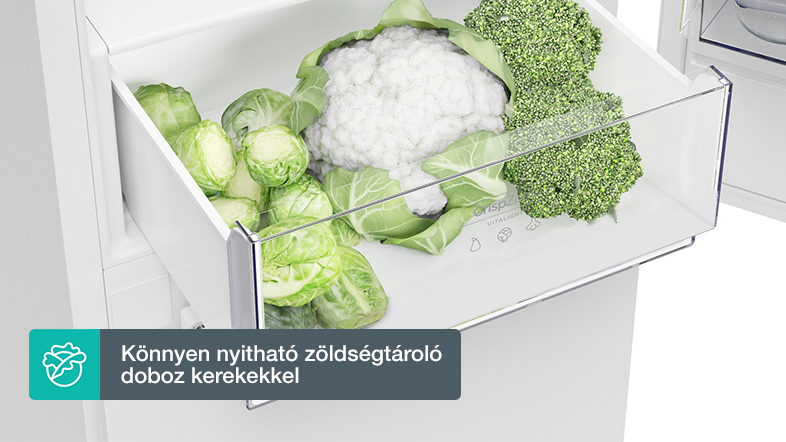 Hűtőszekrény fiók brokkolival, karfiollal és kelbimbóval.