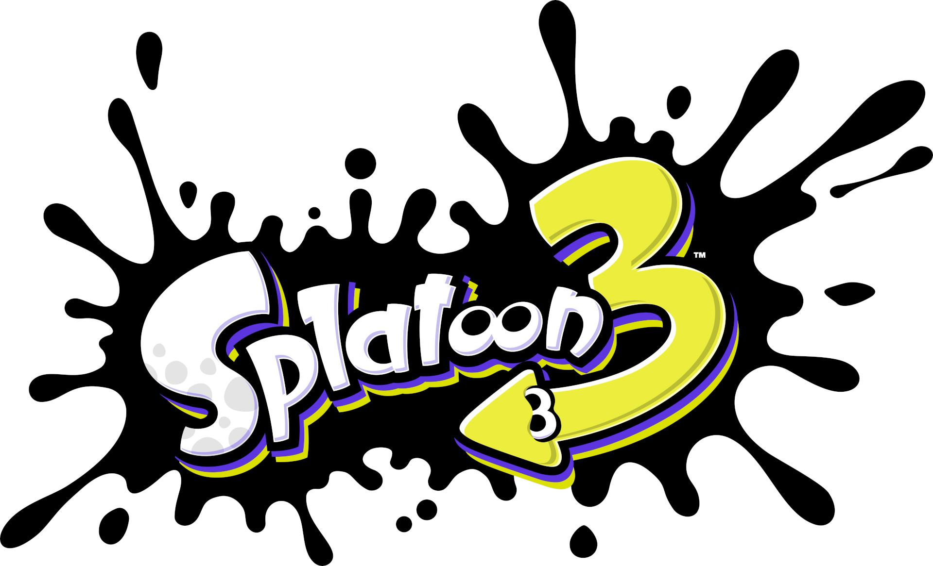 Splatoon 3 Logo. Schwarzer Tintenspritzer mit den Wörtern 'Splatoon' und der Zahl 3 in Gelb.
