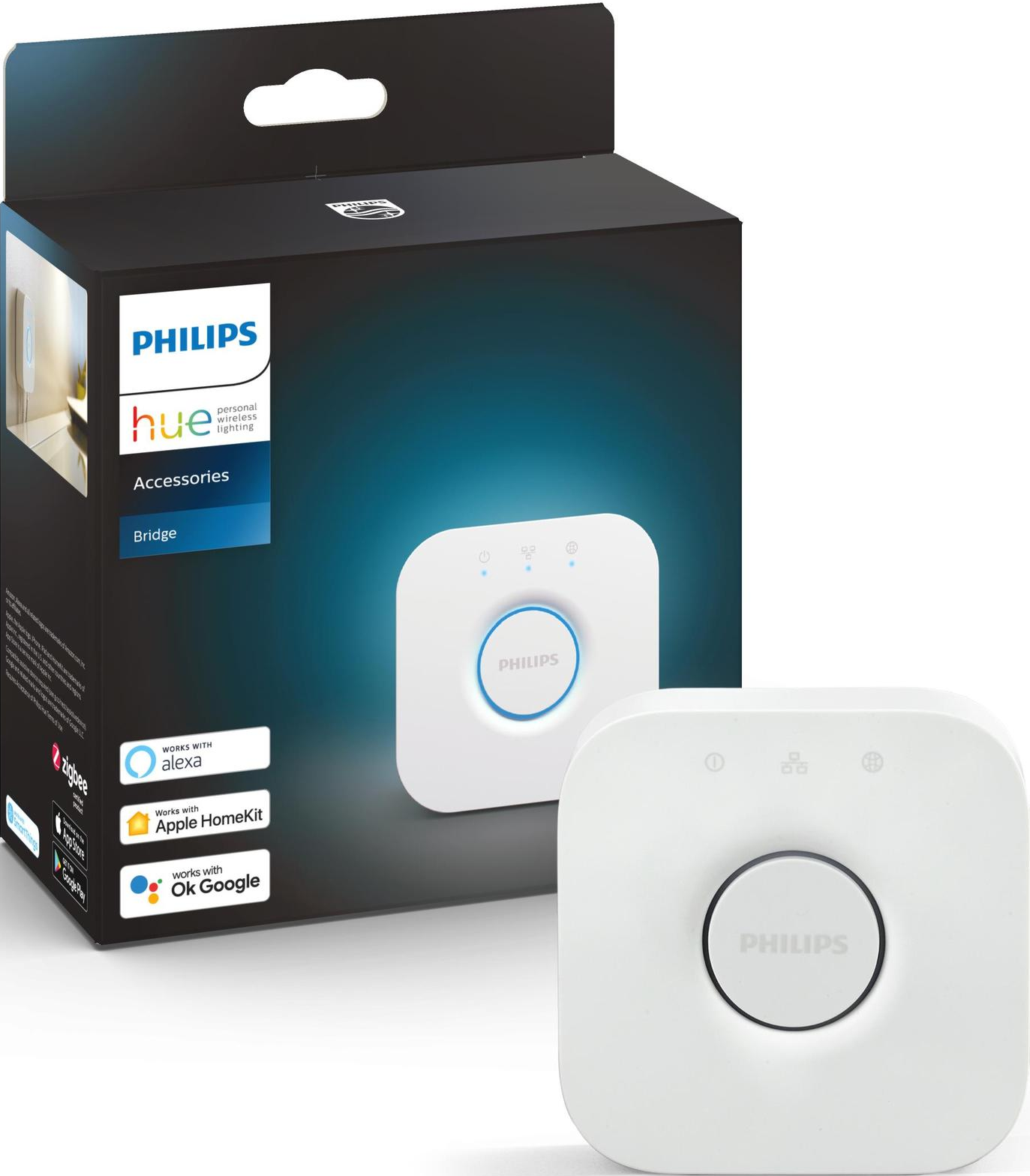 Boîte et appareil Philips Hue Bridge. Fond blanc.