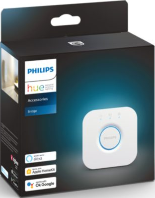 Boîte du pont Philips Hue. Appareil carré blanc avec bouton bleu visible.