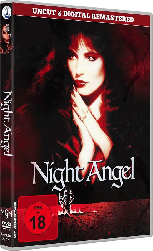 DVD-Cover für 'Night Angel', das das Gesicht einer Frau mit dunklem Haar und rotem Lippenstift zeigt.