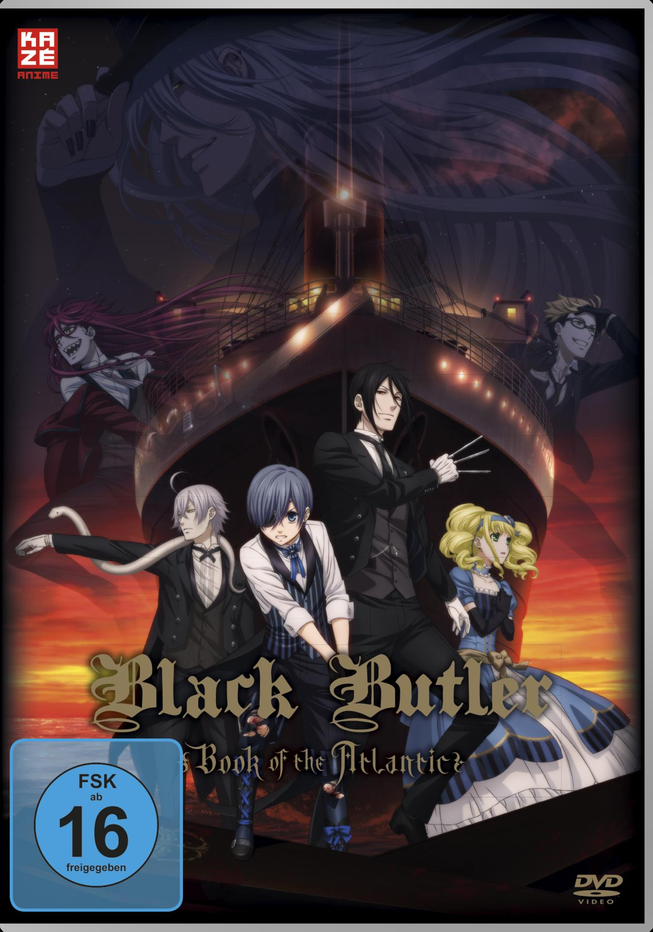 Anime-DVD-Cover mit Charakteren und Schiff. Titel: Black Butler: Book of the Atlantic.