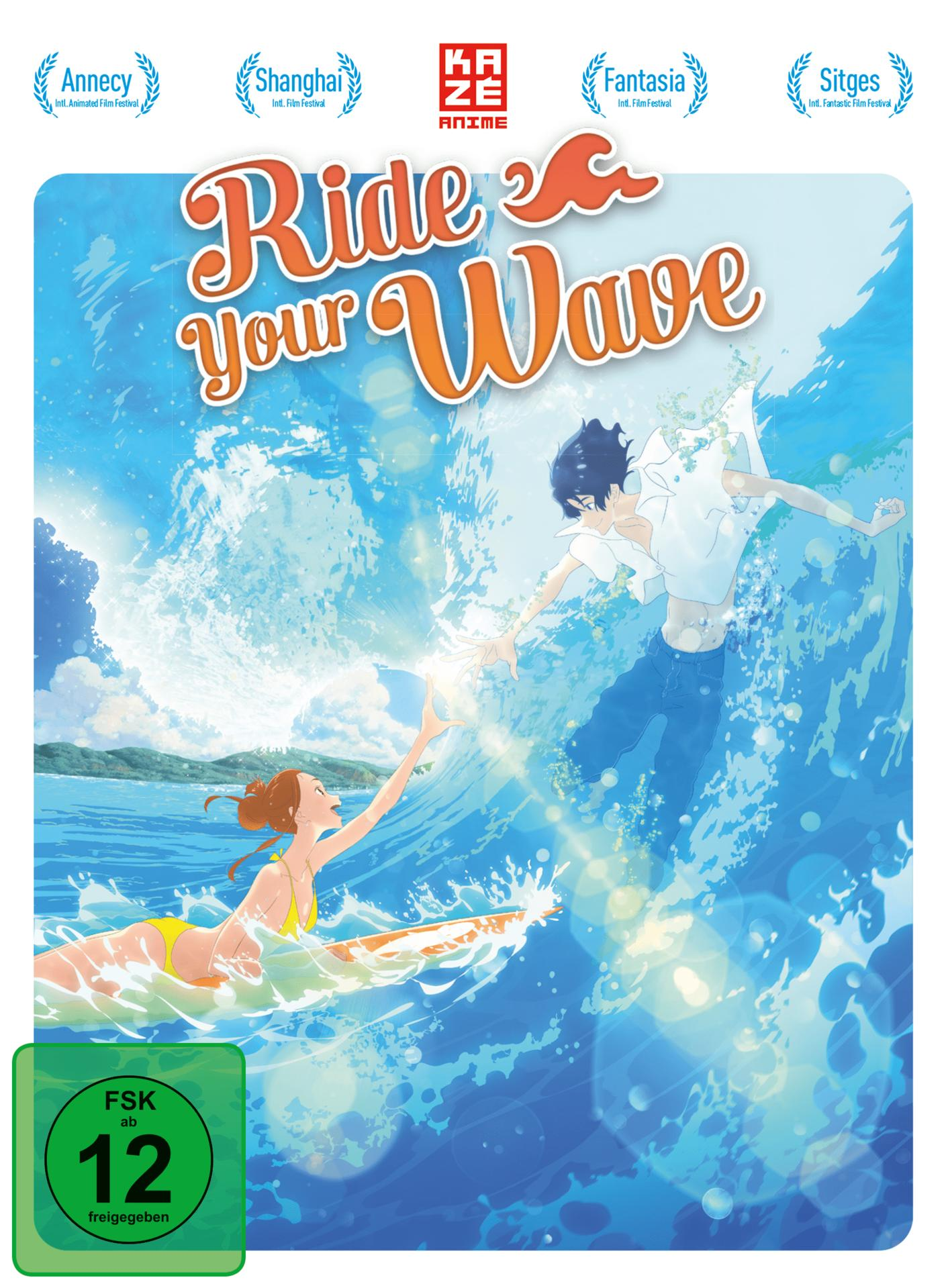 Filmcover mit Anime-Charakteren auf einer Welle. Der Text lautet Ride Your Wave.