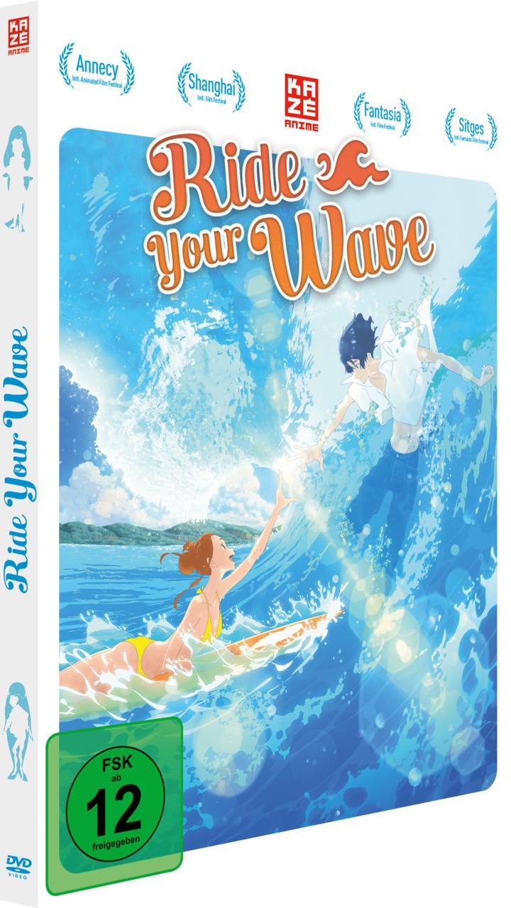 Anime-DVD-Hülle. Kunstwerk von Charakteren, die eine Welle surfen. Die Box hat Siegel.