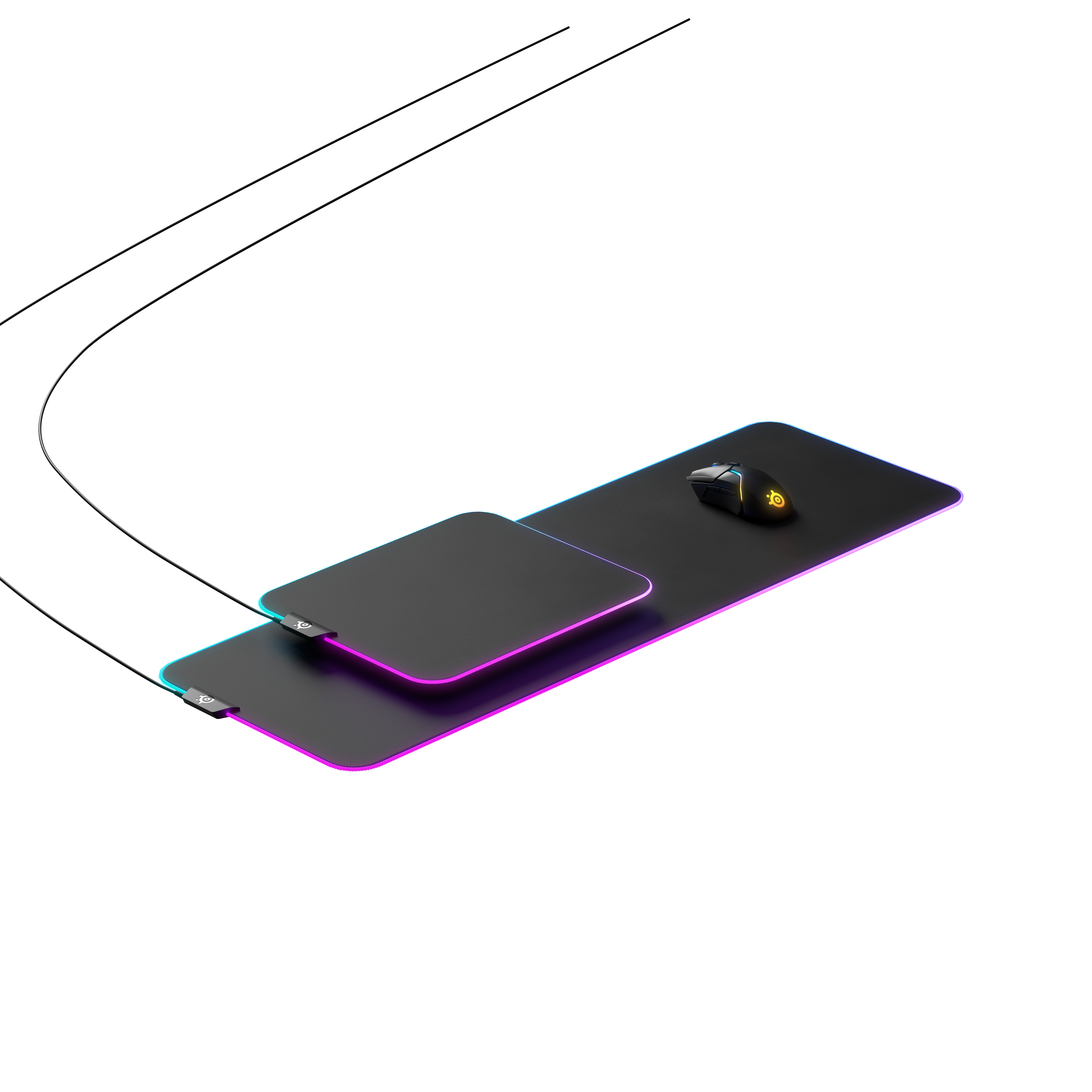 Schwarze Gaming-Maus und Mauspad mit Ladestation. Farbverlaufshintergrund mit Licht.