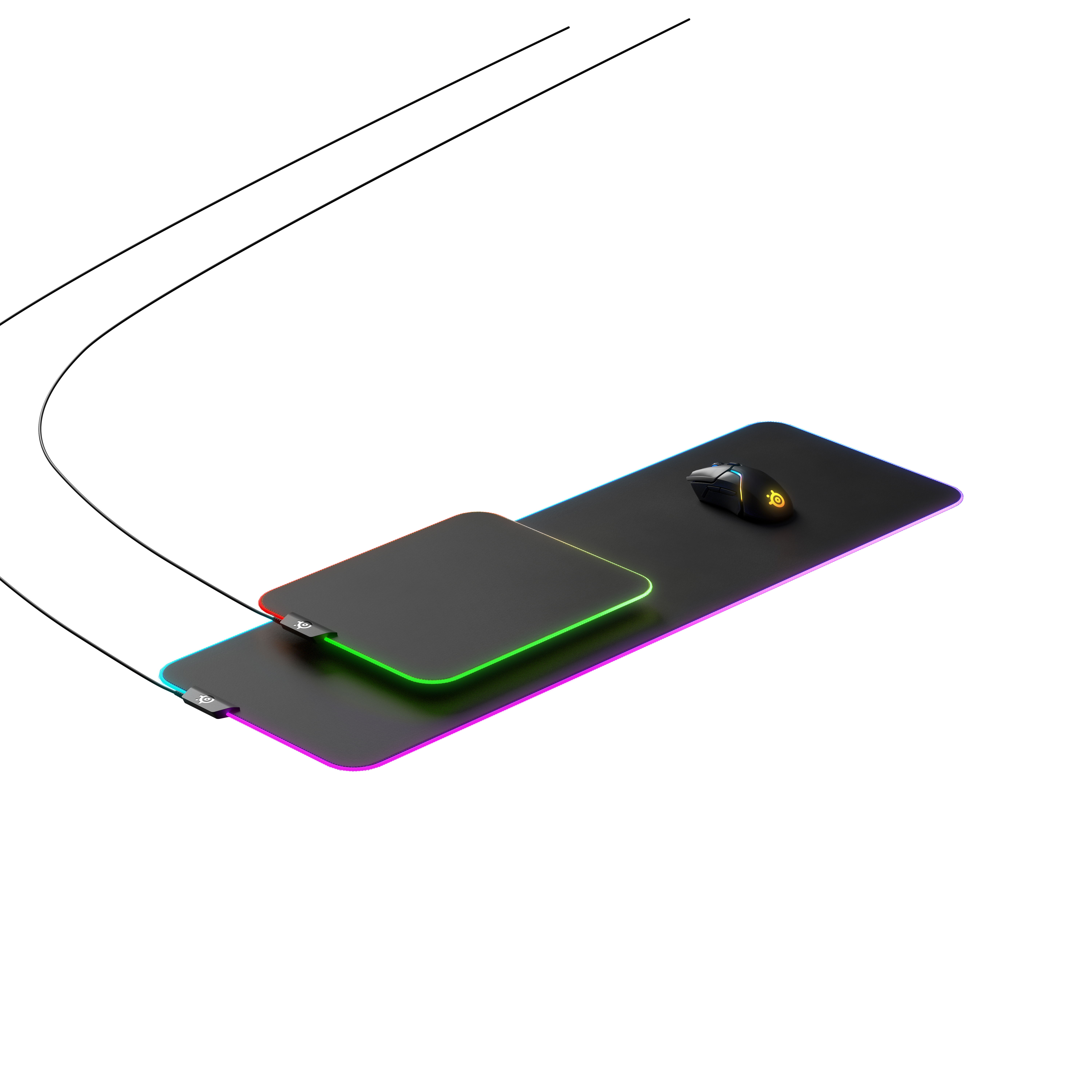 Eine Gaming-Maus und ein Ladepad mit schwarzer Oberfläche und farbigem Licht.