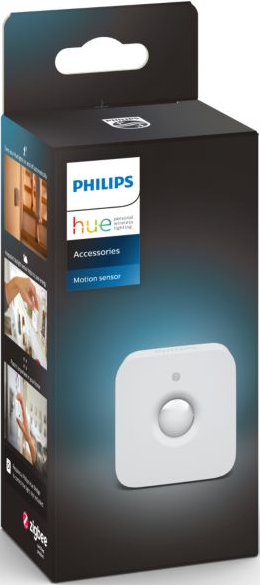 Une boîte de capteur de mouvement blanche avec le logo Philips Hue et un capteur.